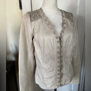 hinge Light Beige Leather Jacket with Laser-Cut Floral Trim